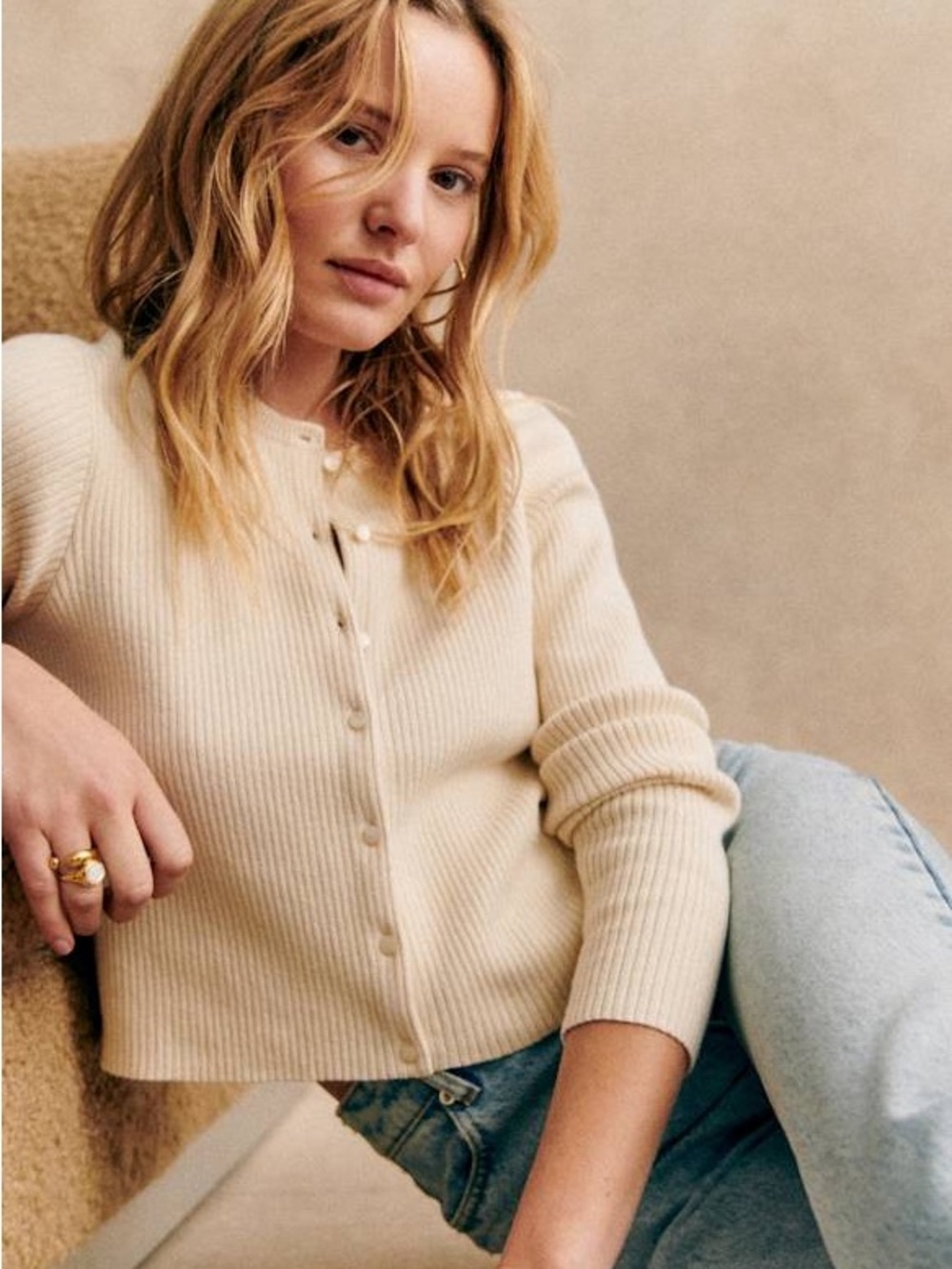 Sezane Cream Ribbed Button-Up Kylie Cardigan